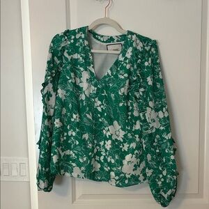 Floral V-Neck Blouse in Green and White